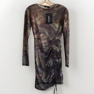 Pretty Little Thing Abstract Print Mesh Bodycon Mini Dress Clubcore Size 6